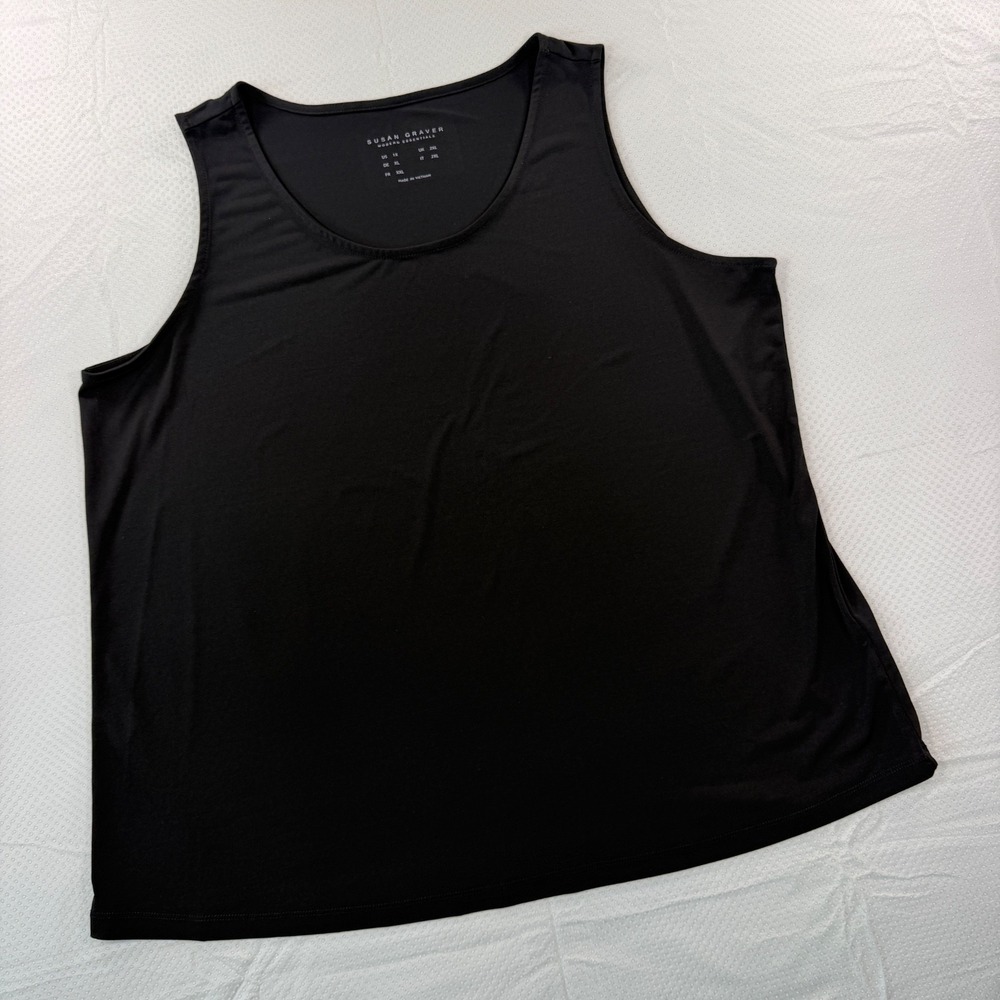 SUSAN GRAVER Black Liquid Knit Tank Top 1X V-Neck Stretch Versatile Minimalist